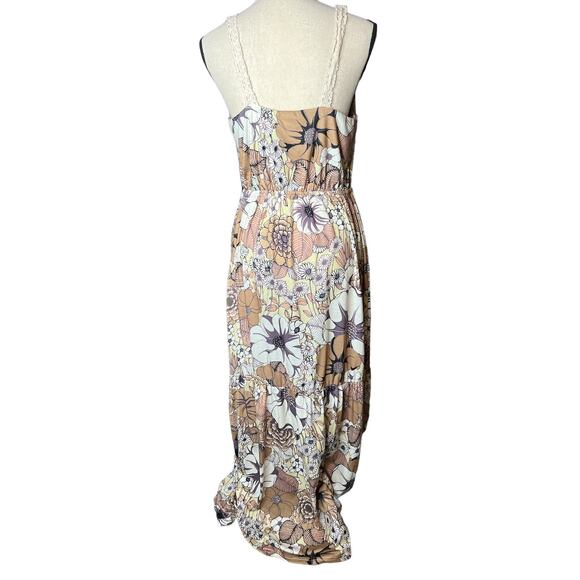 Easel Maxi Dress in Brown Yellow and White Floral Print Crochet Straps Size M - Picture 3 of 7